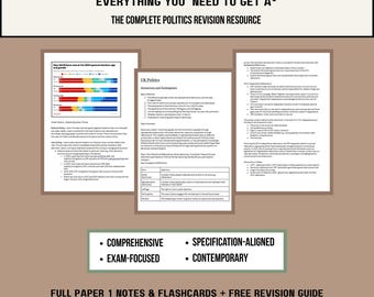 Puede incluir: Un recurso de estudio digital titulado A-LEVEL AQA UK POLITICS NOTES UPDATED EDITION. Incluye tres páginas de texto y gráficos sobre política británica, democracia y participación, con una etiqueta de más de 165 páginas.