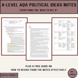 Op de afbeelding: Een A-Level AQA Political Ideas Notes studiegids met meer dan 40 pagina's aan informatie. De gids bevat een gratis gids over hoe je effectief kunt herhalen vanuit de aantekeningen. De aantekeningen zijn ontworpen om studenten te helpen een A* te halen voor hun examens.