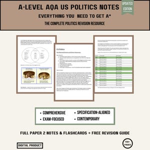 Könnte beinhalten: Ein digitaler Studienführer mit dem Titel A-LEVEL AQA US POLITICS NOTES UPDATED EDITION. Er enthält drei Textseiten, Diagramme von Kuchen zur Darstellung des Föderalismus und eine Datentabelle. Das Dokument ist als umfassende Lernhilfe konzipiert.