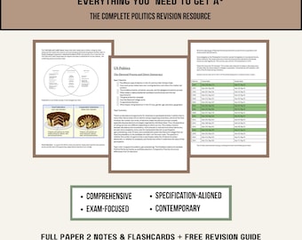 Puede incluir: Una guía de estudio digital titulada A-LEVEL AQA US POLITICS NOTES UPDATED EDITION. Incluye tres páginas de texto, diagramas de pasteles que representan el federalismo y una tabla de datos. Es un recurso completo enfocado en los exámenes.