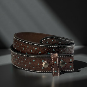 Full Grain Leather Snap-On Belt, Tooled Western Rodeo Engraved Leather Belt 100% Genuine Full Grain Cowhide with Snaps 1-1/2&quot; WIDE