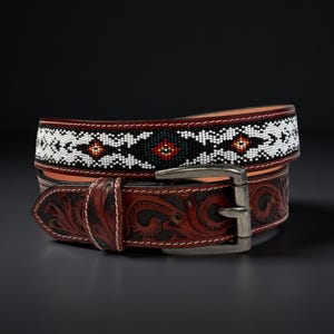 Beaded Western Leather Belt For Men Women, Cowboy Rodeo Full Grain Leather With Removable Buckle Belt, Ranch Gift for Dad