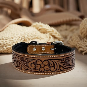 Personalized Western Leather Dog Cat Collar Carved Tooled Hand Crafted Padded Genuine Leather Custom Dog Collar