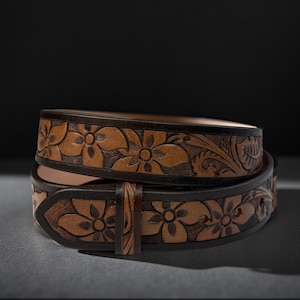 Genuine Leather Western Carved Embossed Tooled Cowboy Cowgirl Floral Strap Belt Full Grain Leather Heavy Duty Without Buckle