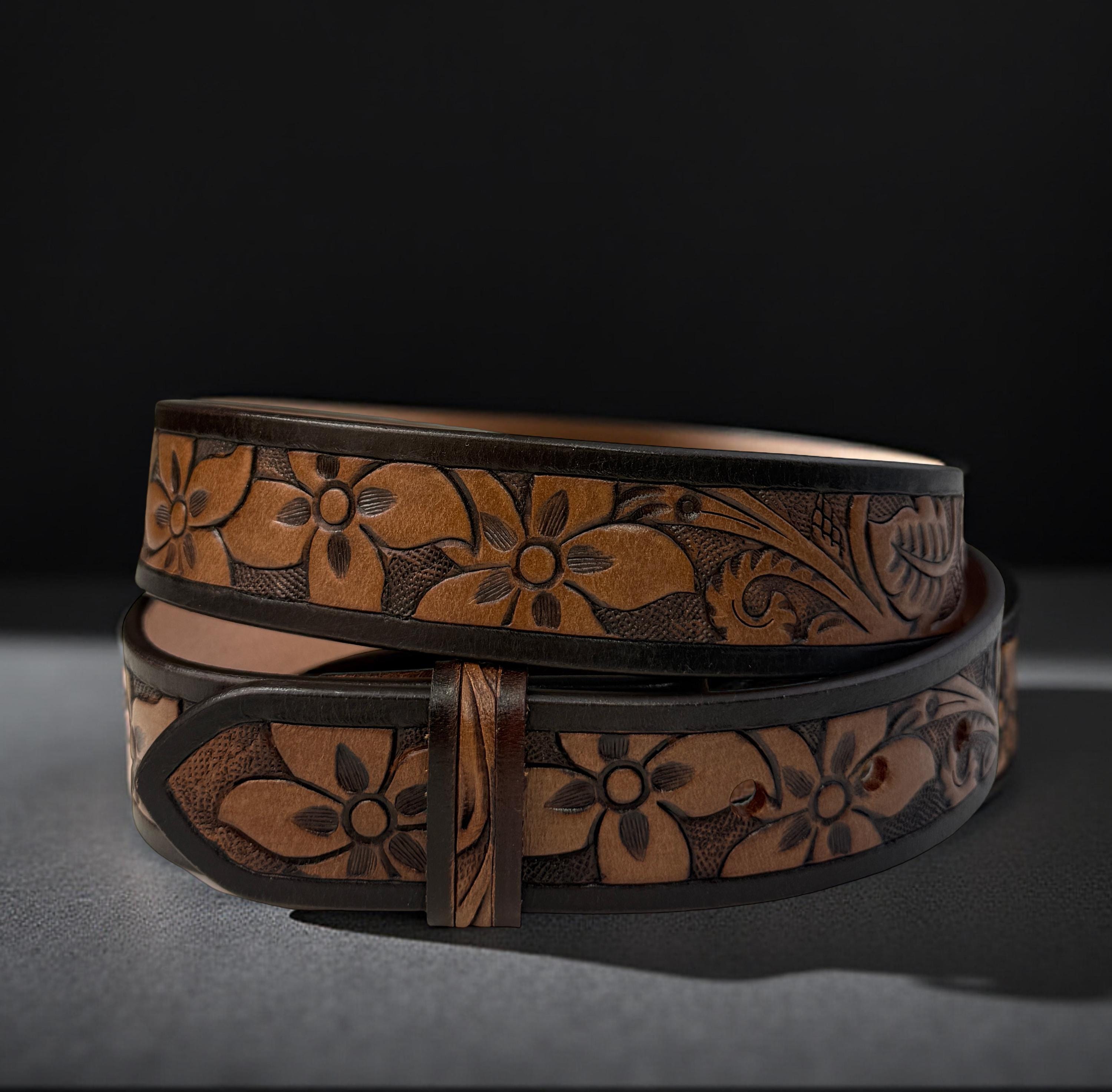 Cowboy Cowgirl Western Tooled Floral Embossed Full Grain Genuine Leather Belt Genuine Full Grain Western Floral Engraved Tooled Leather  main image 3