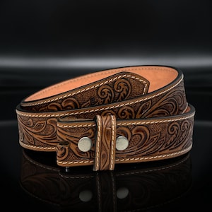 Women Men Tooled Western Floral Engraved Leather Belt 100% Genuine Full Grain Cowhide with Snaps 1-1/2&quot; WIDE Leather Snap-On Belt