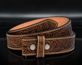 Vintage Looper Tooled Leather Western Belt Brown Engraved Buckle Size 34 Unisex. Looper Western Belt - Etsy main image 2