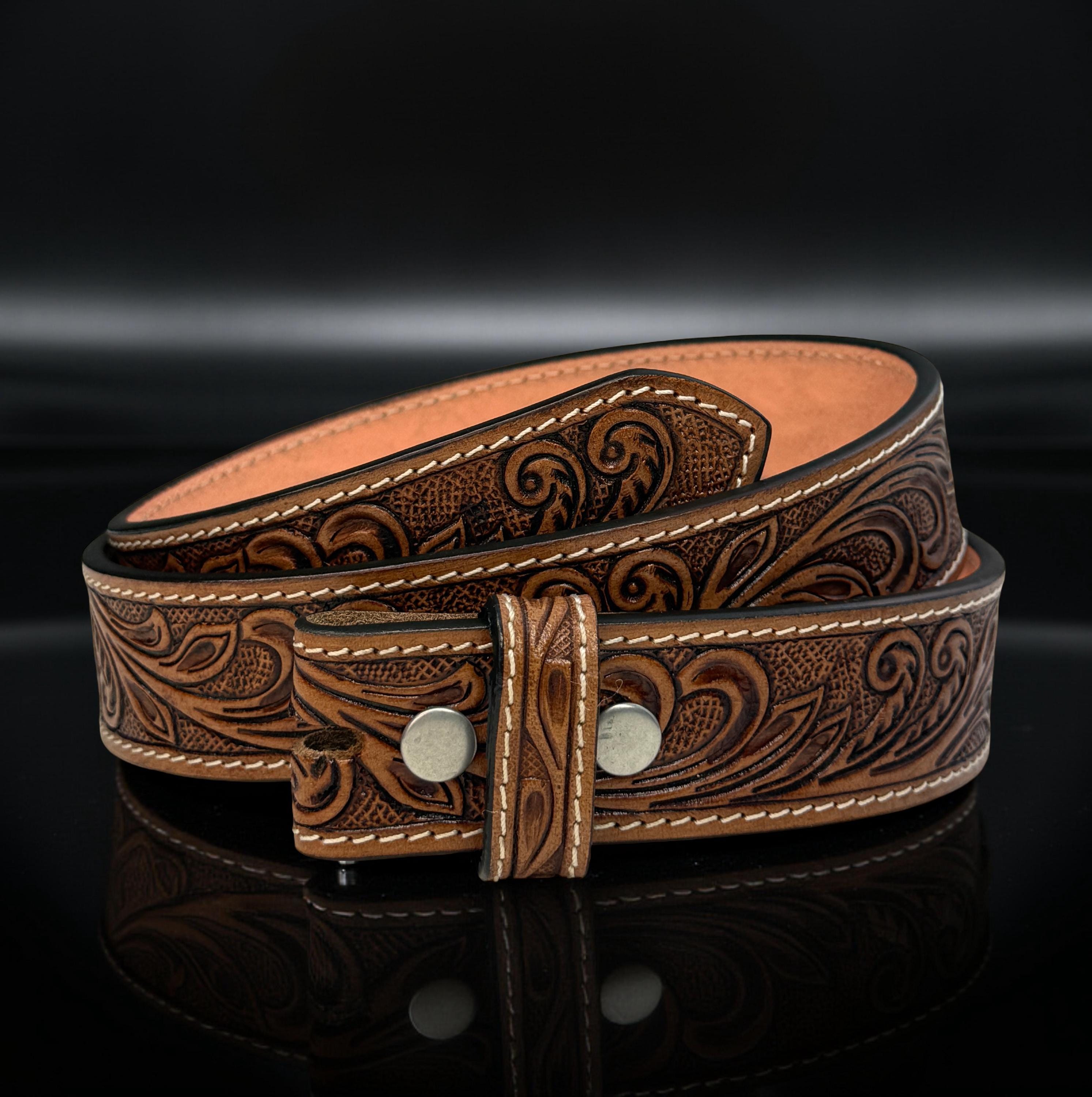 Cintura In Pelle Pieno Fiore Bovina Con Incisione Floreale Fatta A Mano – Fibbia A Scatto 3,8 Cm – Marrone Vintage