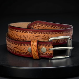 Genuine Leather Western Leather Belt For Women, Cowgirl Cowboy Floral Embossed Tooled Full Grain Leather Belt, Ranch Rodeo Belt for Women