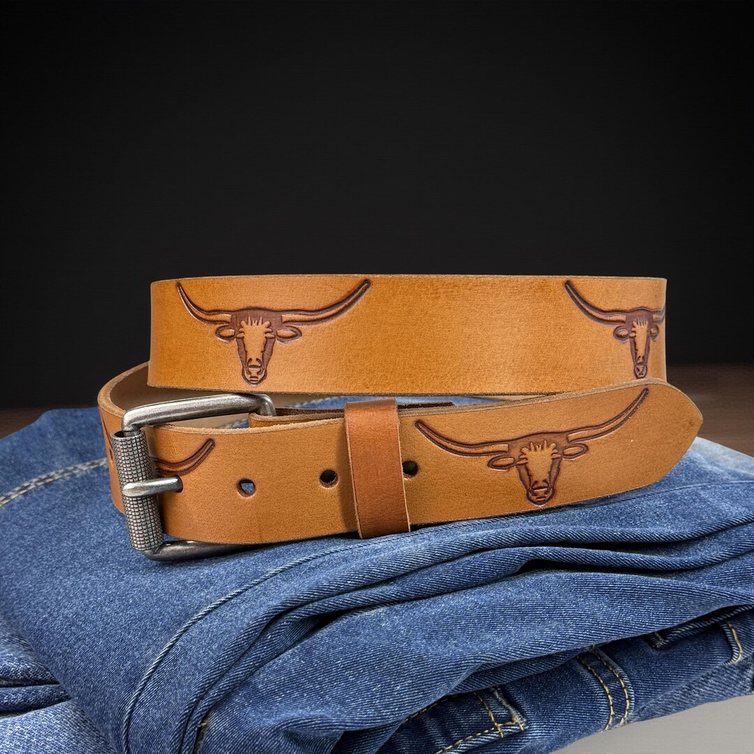 Western Bull Leather Belt for Men Women, Personalized Cowboy  display picture 1
