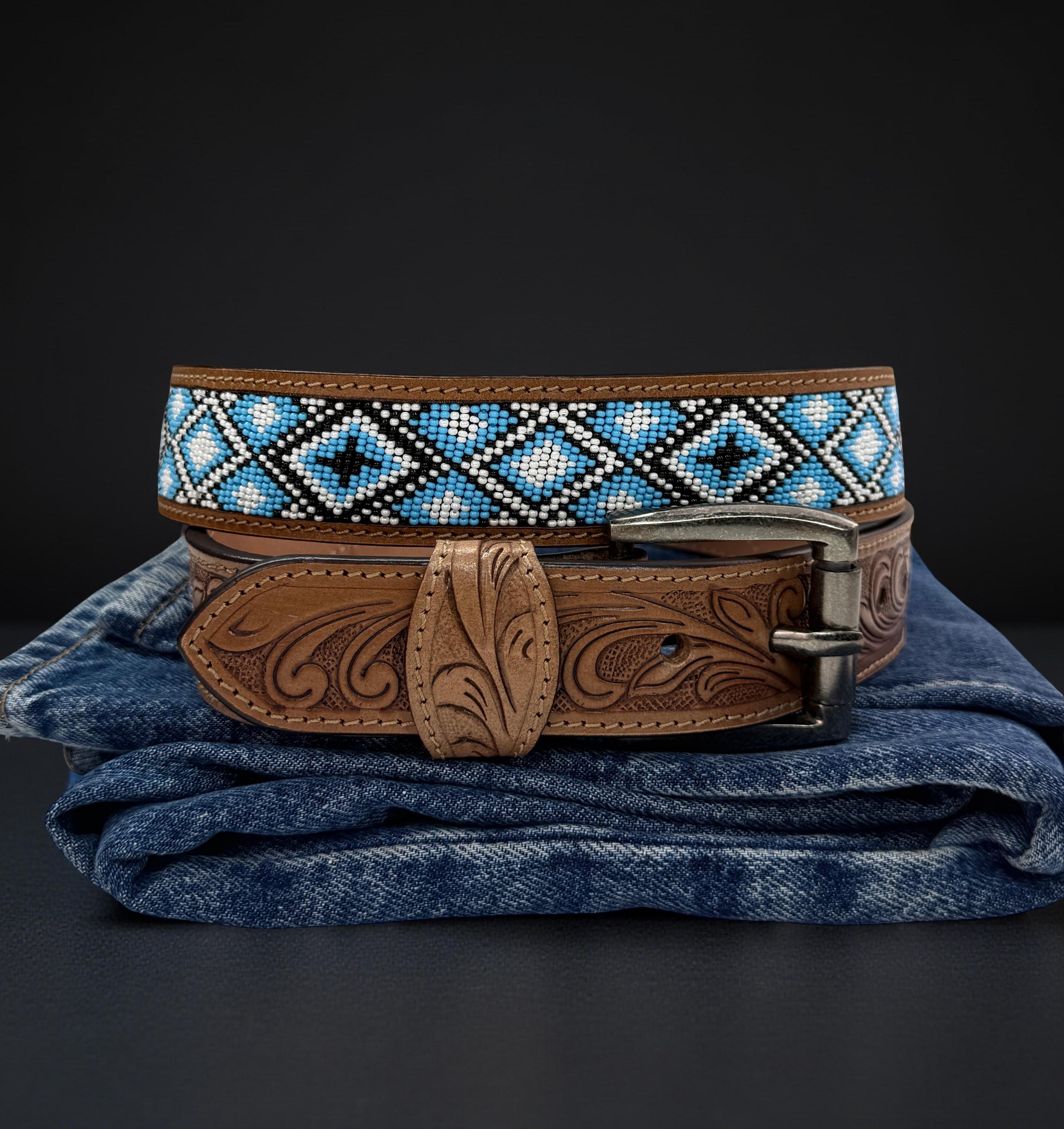 Western Full Grain Genuine Beaded Leather Belt Tooled  display picture 2