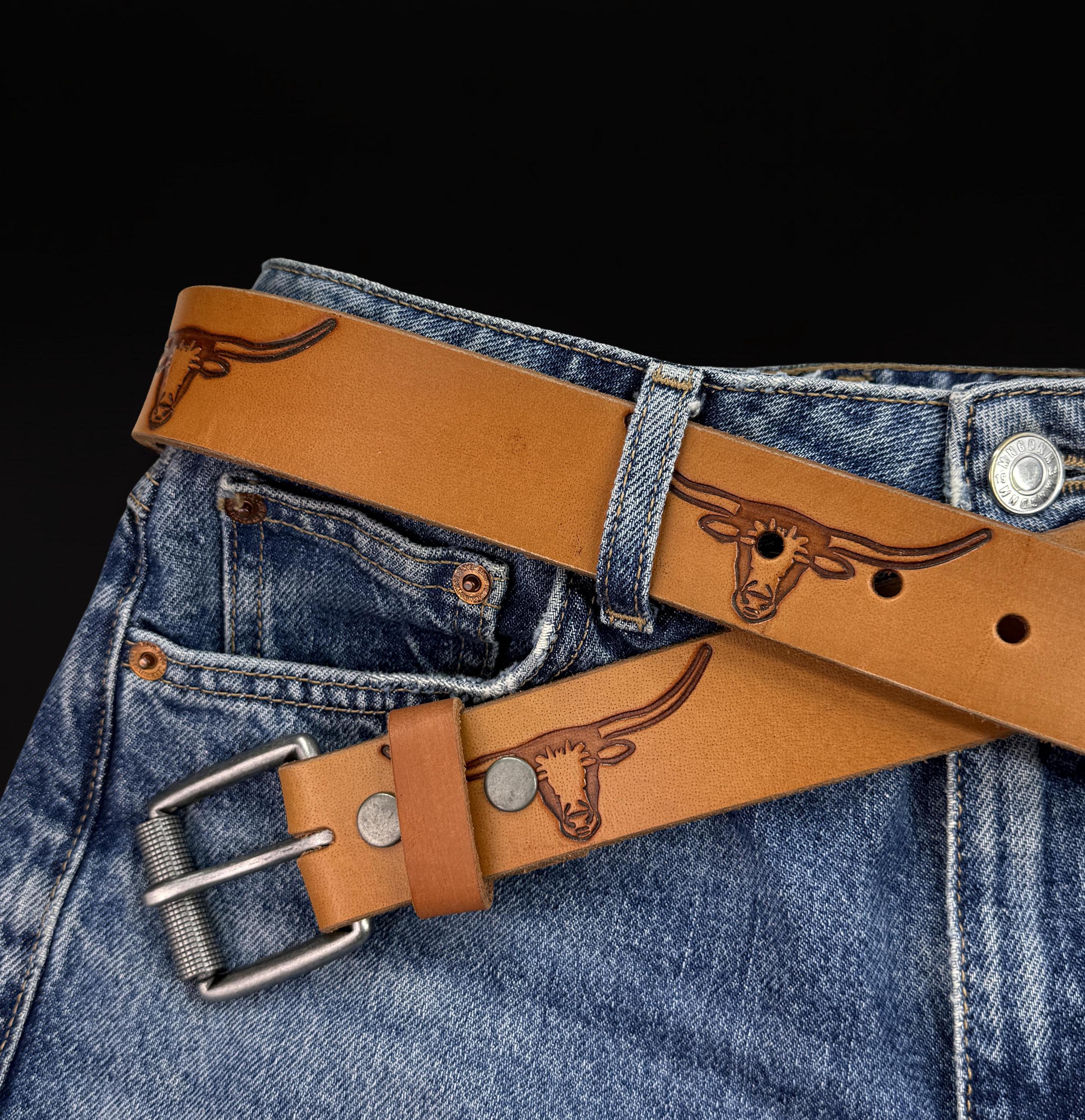 Western Bull Leather Belt for Men Women, Personalized Cowboy  display picture 2