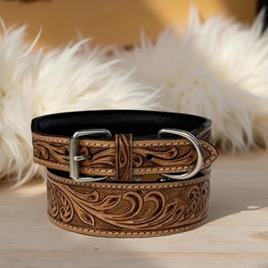 Western Leather Dog Cat Collar Carved Tooled Hand Crafted Padded Genuine Leather Custom Dog Collar