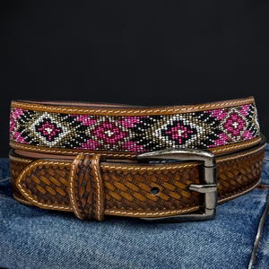 Beaded Western Leather Belt For Men Women, Cowboy Rodeo Full Grain Leather With Removable Buckle Belt, Ranch Gift for Dad