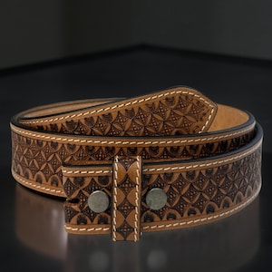 Tooled Western Floral Engraved Leather Belt 100% Genuine Full Grain Cowhide with Snaps 1-1/2&quot; WIDE Leather Snap-On Belt