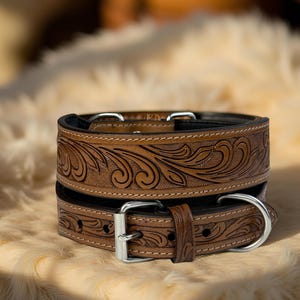 Personalized Western Leather Dog Cat Collar Carved Tooled Hand Crafted Padded Genuine Leather Custom Dog Collar