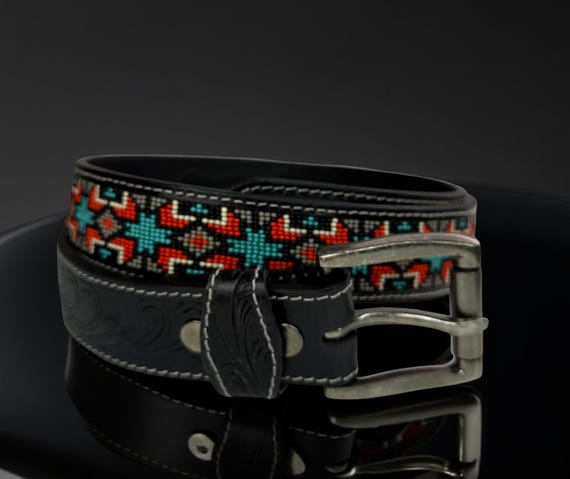 Custom Made Western Beaded Black Leather Belt Cowgirl Rodeo Western Belt Cowboy Rodeo Full Grain Leather Hand Tooled  main image 3