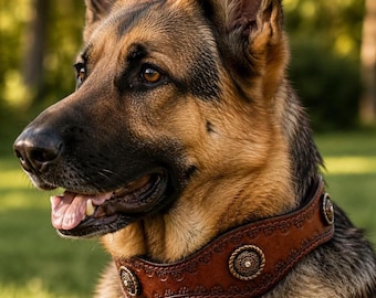 May include: A German Shepherd dog with brown and black fur, wearing a brown leather collar with decorative metal accents. The dog is outdoors with a blurred green background.