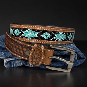 Beaded Western Leather Belt For Men Women, Cowboy Rodeo Full Grain Leather With Removable Buckle Belt, Ranch Gift for Dad