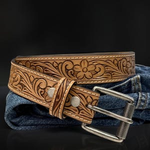 Genuine Leather Western Leather Belt For Women, Cowgirl Cowboy Floral Embossed Tooled Full Grain Leather Belt, Ranch Rodeo Belt for Women