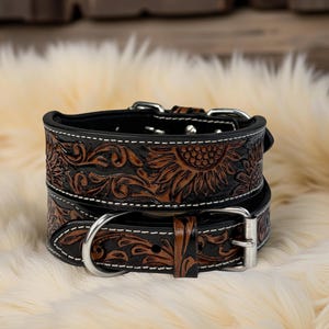 Personalized Western Leather Dog Cat Collar Carved Tooled Hand Crafted Padded Genuine Leather Custom Dog Collar