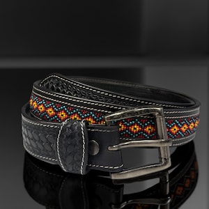 Mens Western Belt, Cowboy Beaded Belt, Custom Leather Belts, Handmade Rodeo Leather Belts, Personalized Tooled, Leather Belt Western belt