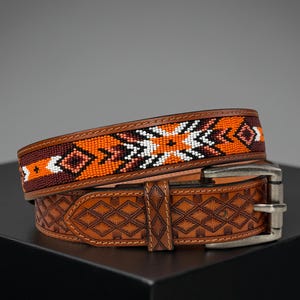 Beaded Western Leather Belt For Men Women, Cowboy Cowgirl Rodeo Full Grain Leather With Removable Buckle Belt, Heavy Duty Full-Grain Leather