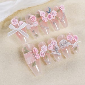 3D Floral Press On Nails: Blooming Pink Almond Nail Set