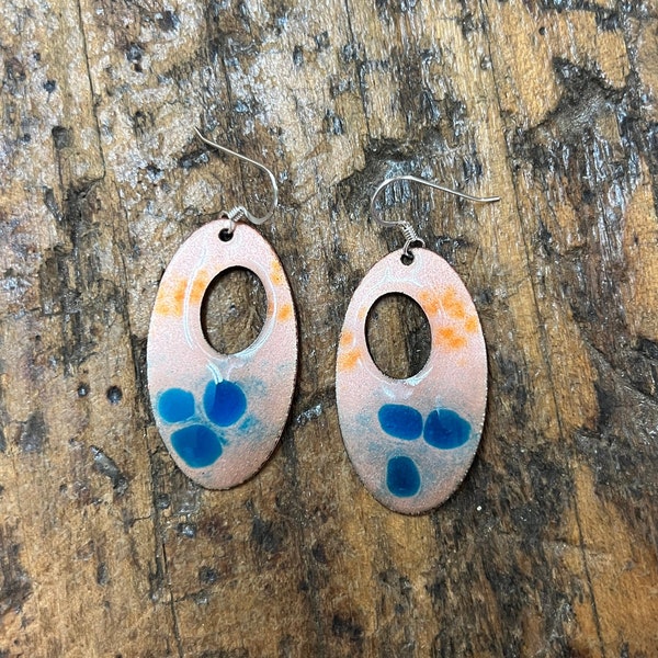Handmade Enameled Copper Earrings ~~ Clear Enamel over Copper with Aqua Blue and Tangerine ~ Sterling silver earwires