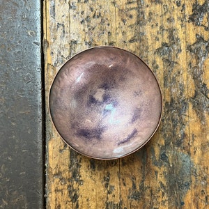 Hand Hammered Kiln Fired Copper and Vitreous Enamel Bowl Clear Enamel with Purple Accents image 1