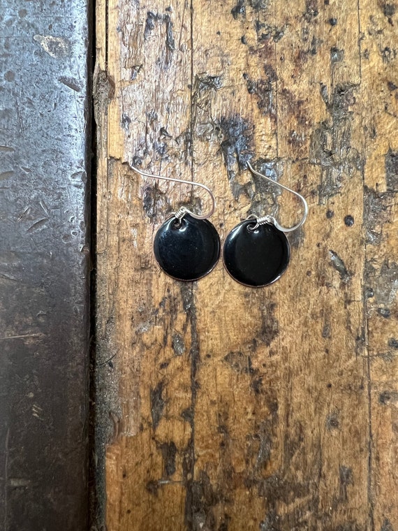 Small Classic Black Handmade Enameled Copper Earrings ~ 5/8 inch round earrings sterling silver ear wire