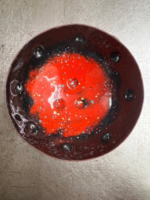 Hand Hammered Kiln Fired Copper and Vitreous Enamel Bowl ~ Black and Flame Orange