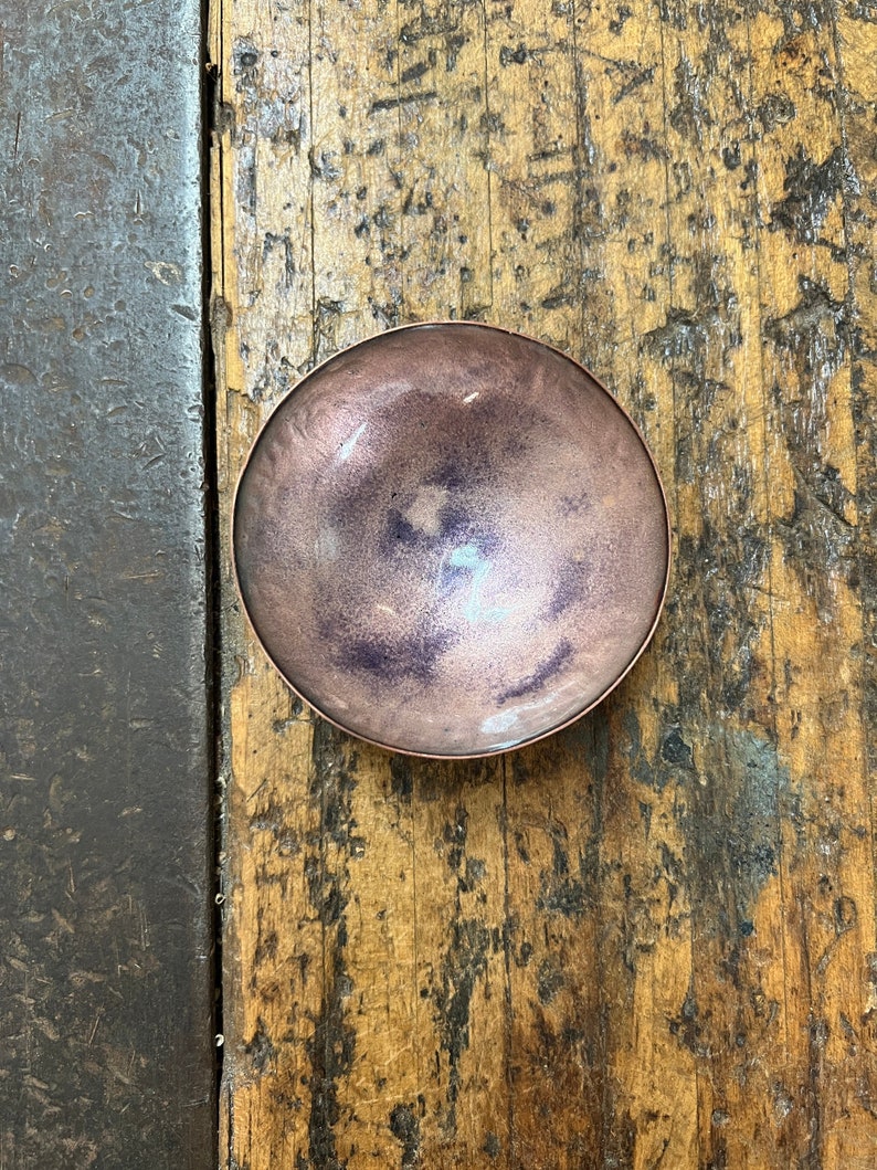 Hand Hammered Kiln Fired Copper and Vitreous Enamel Bowl Clear Enamel with Purple Accents image 1