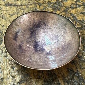 Hand Hammered Kiln Fired Copper and Vitreous Enamel Bowl Clear Enamel with Purple Accents image 2