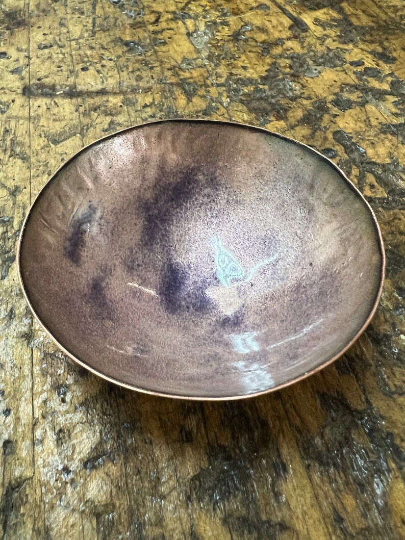 Hand Hammered Kiln Fired Copper and Vitreous Enamel Bowl Clear Enamel with Purple Accents image 2