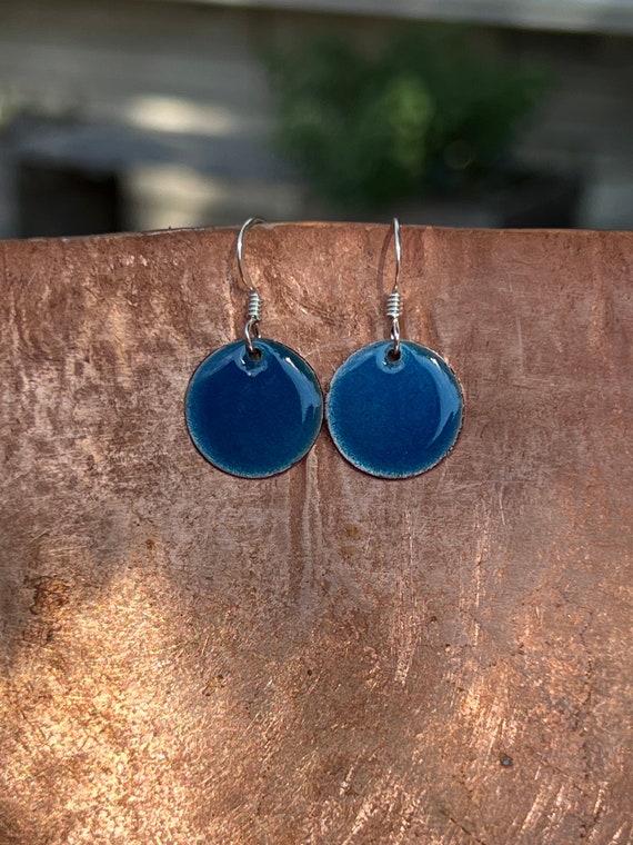 Small Transparent Coneflower Blue Handmade Enameled Copper Earrings ~ 5/8 inch round earrings sterling silver ear wire