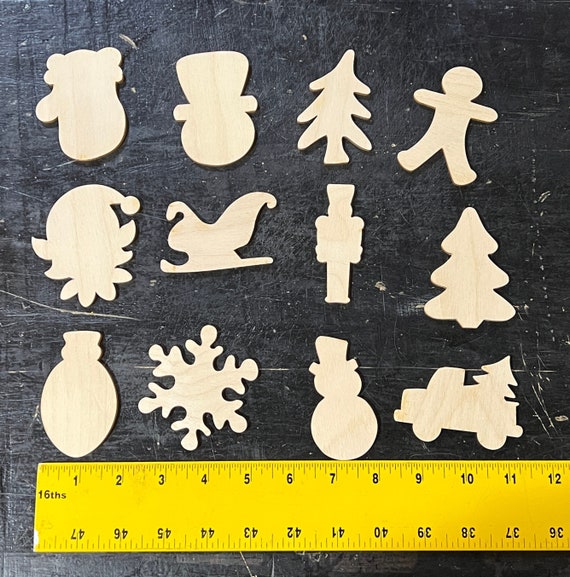 Set 1 Assorted Pack of 12 Unfinished 3" Wood Christmas Blanks - DIY small ready to paint holiday laser cut wooden shapes - great for crafts