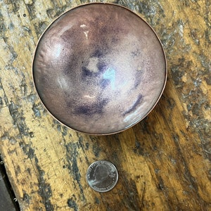 Hand Hammered Kiln Fired Copper and Vitreous Enamel Bowl Clear Enamel with Purple Accents image 6