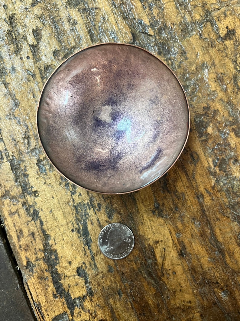 Hand Hammered Kiln Fired Copper and Vitreous Enamel Bowl Clear Enamel with Purple Accents image 6