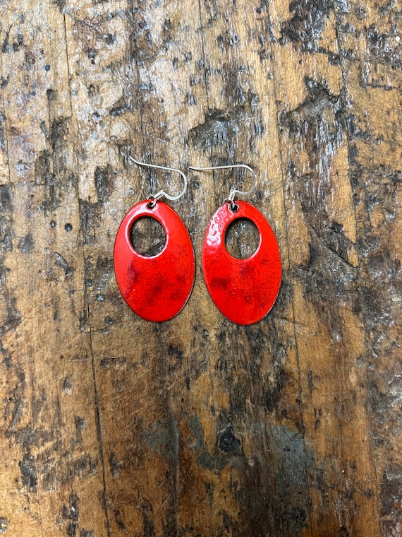 Handmade Enameled Copper Earrings ~~ Flame Orange and red accents ~ Sterling Silver earwire