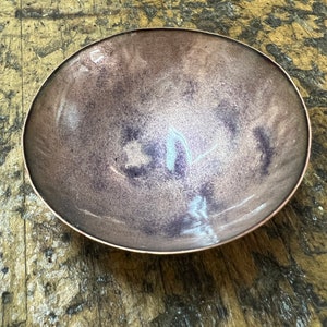 Hand Hammered Kiln Fired Copper and Vitreous Enamel Bowl Clear Enamel with Purple Accents image 3