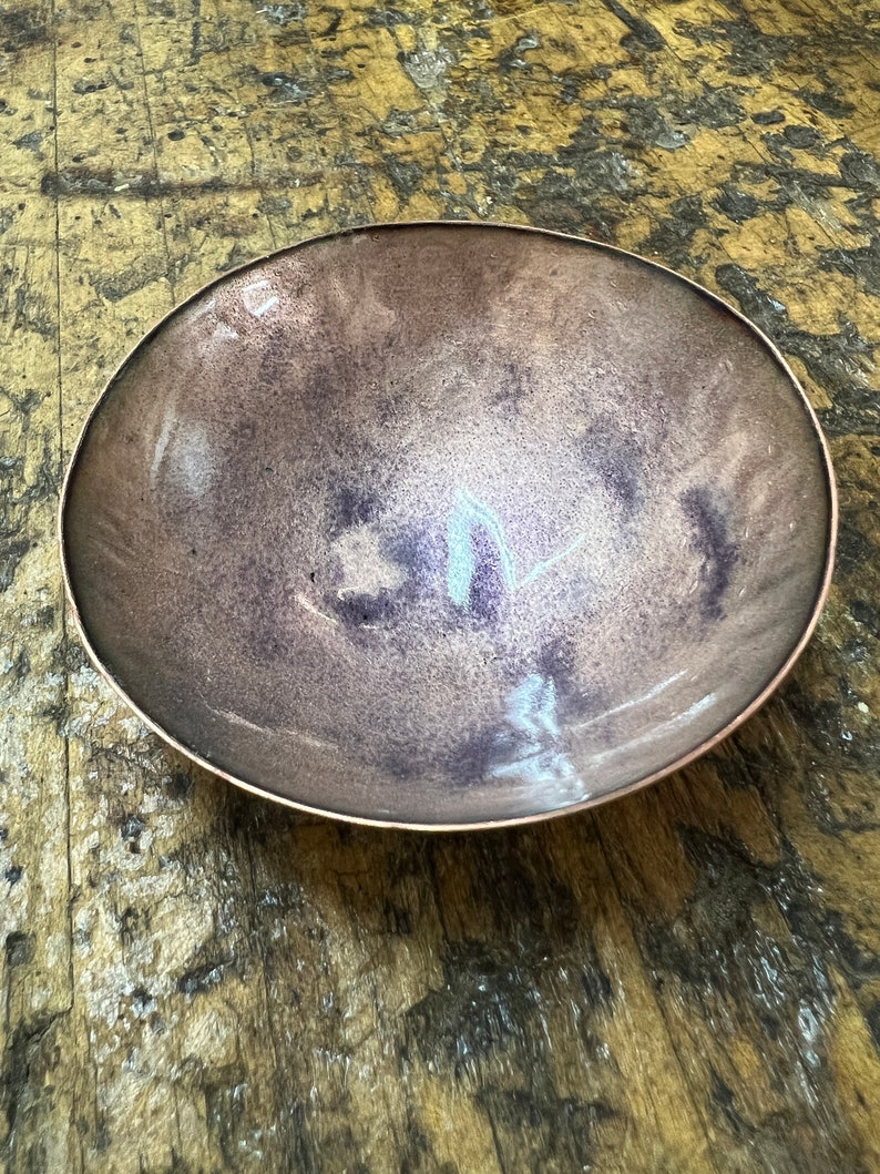 Hand Hammered Kiln Fired Copper and Vitreous Enamel Bowl Clear Enamel with Purple Accents image 3