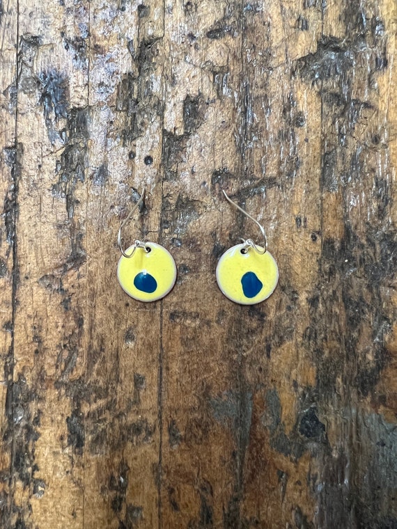 Yellow and Blue Handmade Enameled Copper Earrings ~ 5/8 inch round earrings sterling silver ear wire
