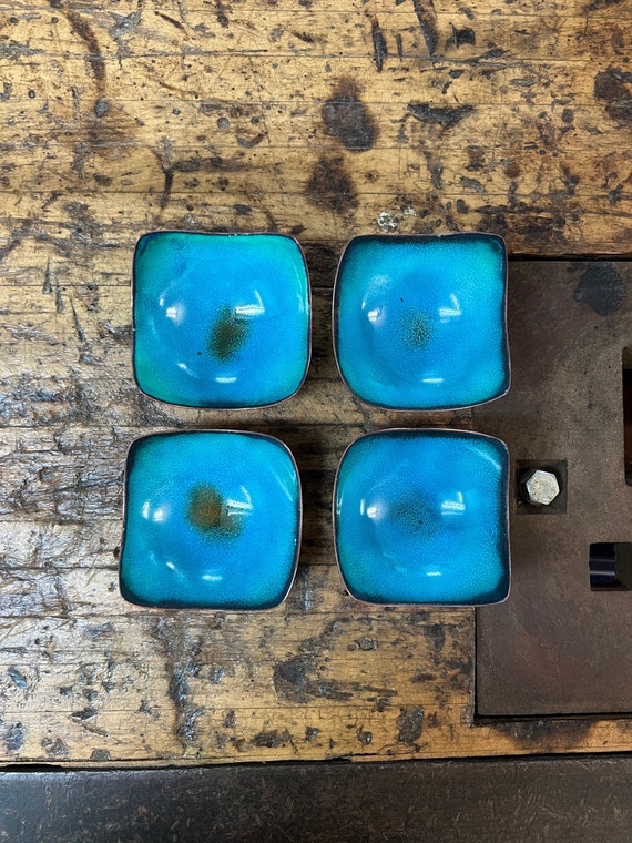 Set of 4 Hand Hammered Enameled Small Square Copper Bowls ~ Deep Sea Turquoise Glossy Glass Finish