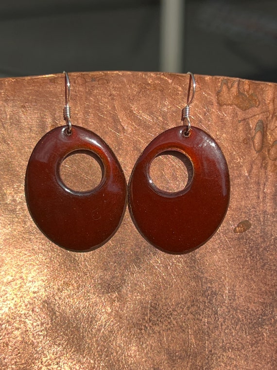 Handmade Enameled Copper Earrings ~ Transparent Dark Chocolate ~ Sterling Silver Ear wires