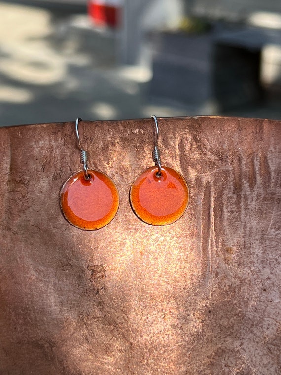 Small Transparent Orange Handmade Enameled Copper Earrings ~ 5/8 inch round earrings sterling silver ear wire