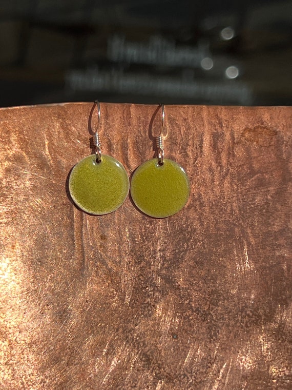 Small Transparent Chartreuse Yellow Handmade Enameled Copper Earrings ~ 5/8 inch round earrings sterling silver ear wire