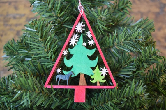 Horse Christmas Trees and Snowflakes Laser Cut 3D Wood Christmas Ornament 4 Inch tall - Free Shipping