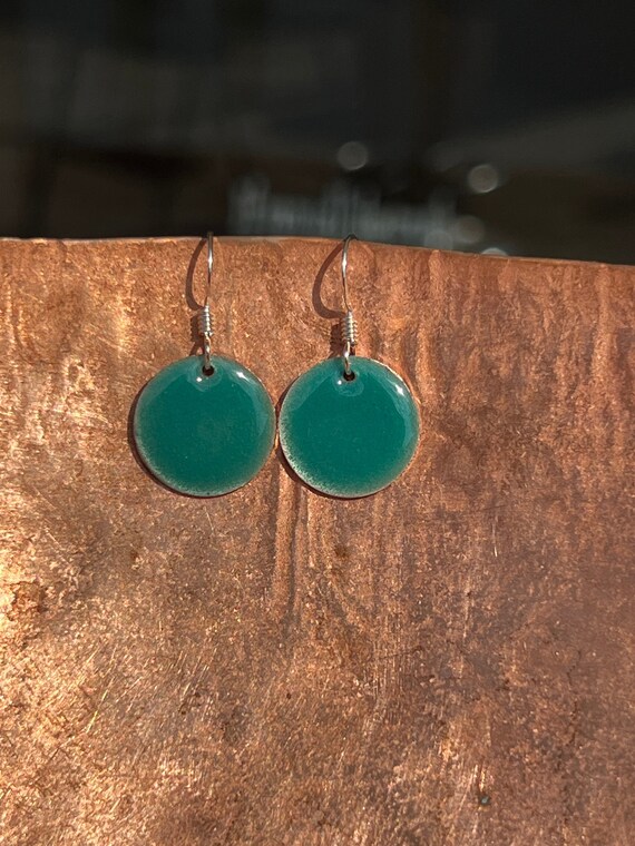 Small Transparent Turquoise Handmade Enameled Copper Earrings ~ 5/8 inch round earrings sterling silver ear wire