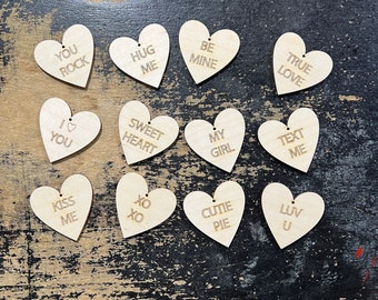 2 inch Laser Cut Wood Valentines Day Conversation Hearts Ornaments / DIY Craft for Classroom Valentines - Made in USA - Custom Available